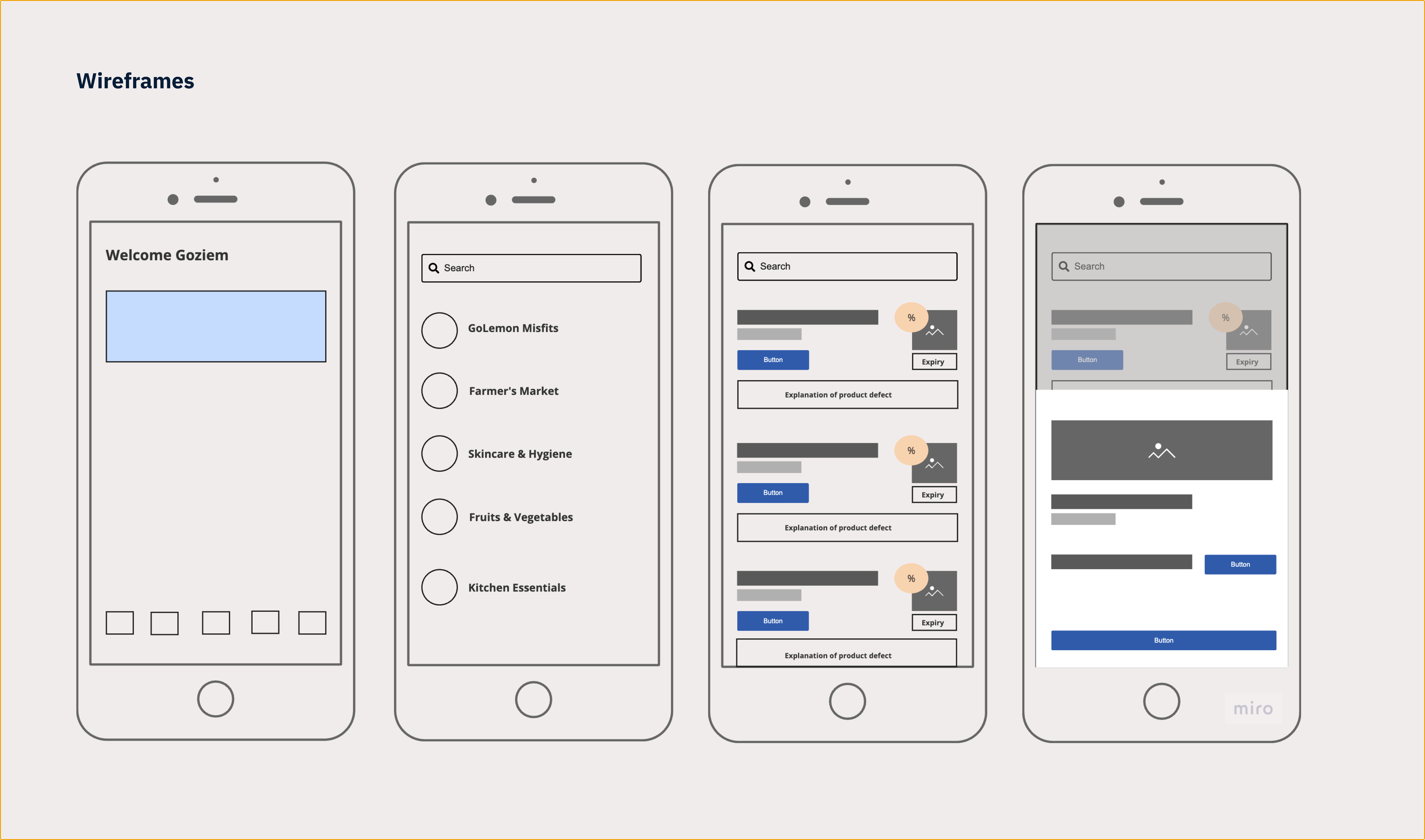image showing the low fidelity wireframes created on Miro
